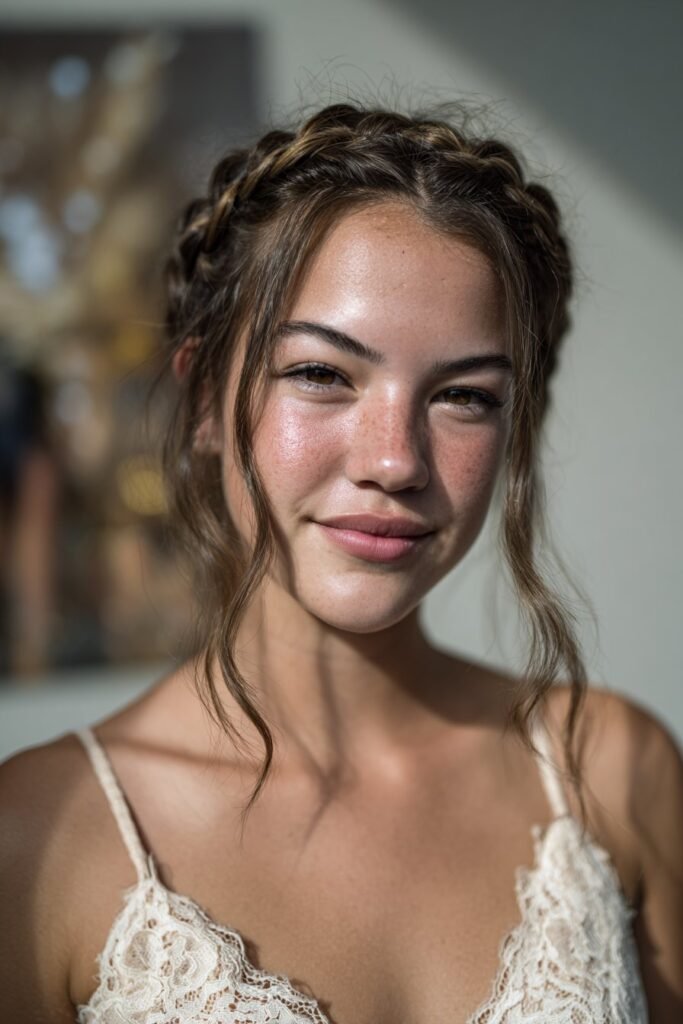 Teen girl with an easy braided crown prom hairstyle for long hair and soft halo detail.
