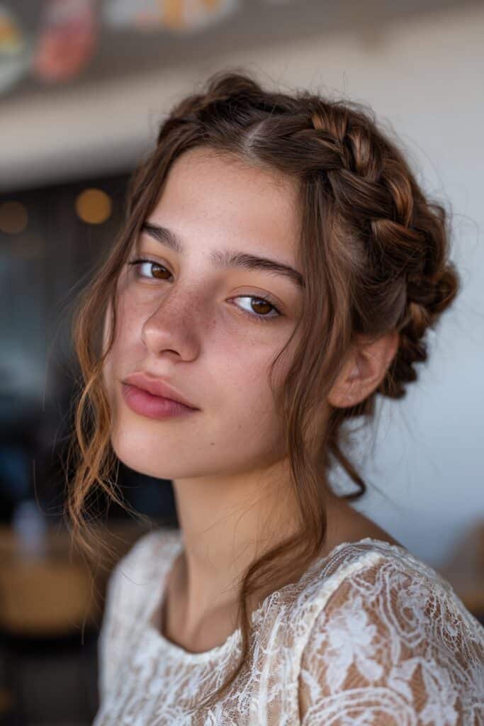 Teen girl showcasing a braided crown prom hairstyle for long fine hair with soft texture.