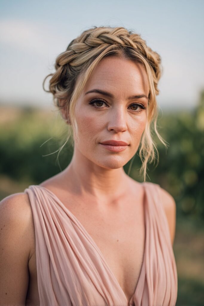 Woman wearing braided crown updo for outdoor wedding.