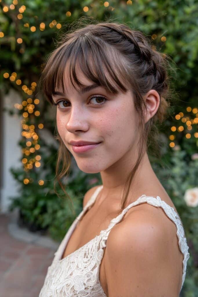 Teen girl showcasing a braided crown prom hairstyle with soft side-swept bangs.