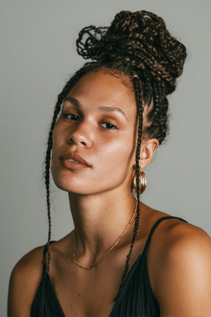 Woman wearing cassie braids in a wrapped crown hairstyle.