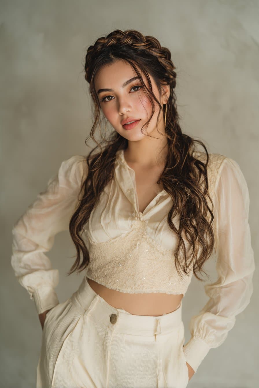Woman with braided crown and loose wavy medium length hair.