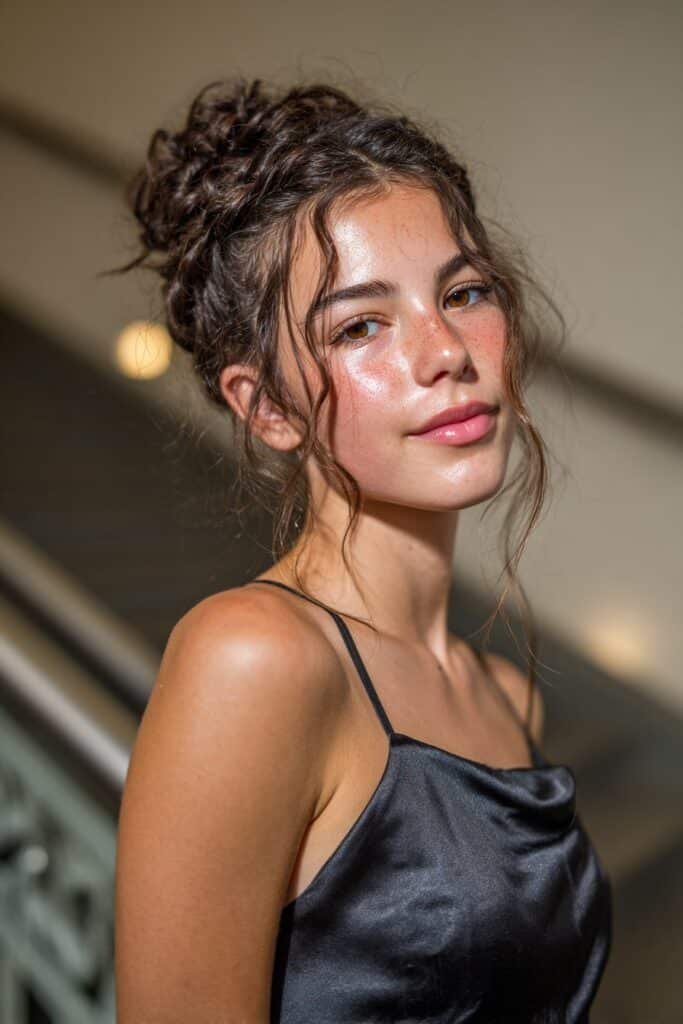 Teen girl with a braided halo updo styled on medium-length hair.