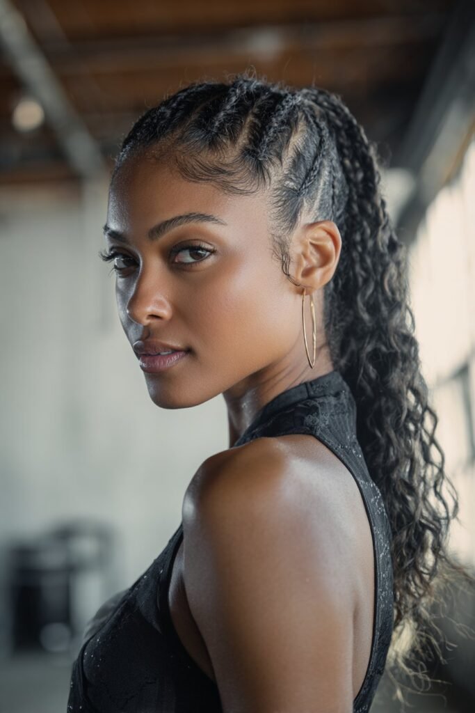 Woman with braided ponytail and softly curled ends hairstyle.