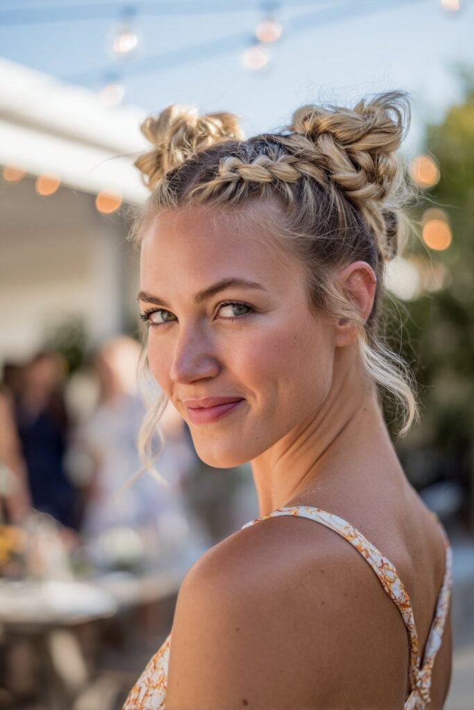 Woman with Cassie braid space buns wedding updo.