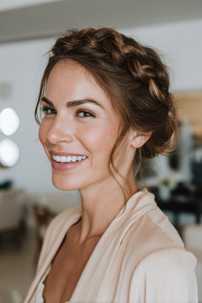 Woman with Cassie braid updo and wrapped crown detail.