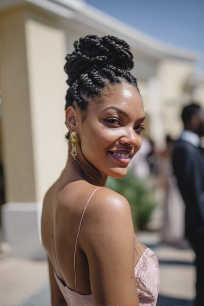 Woman wearing Cassie braids styled into high bun updo.