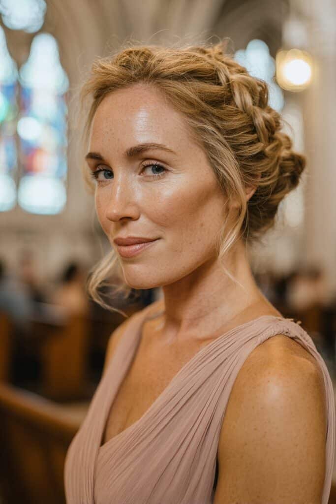 Woman wearing Cassie braids in side swept updo.