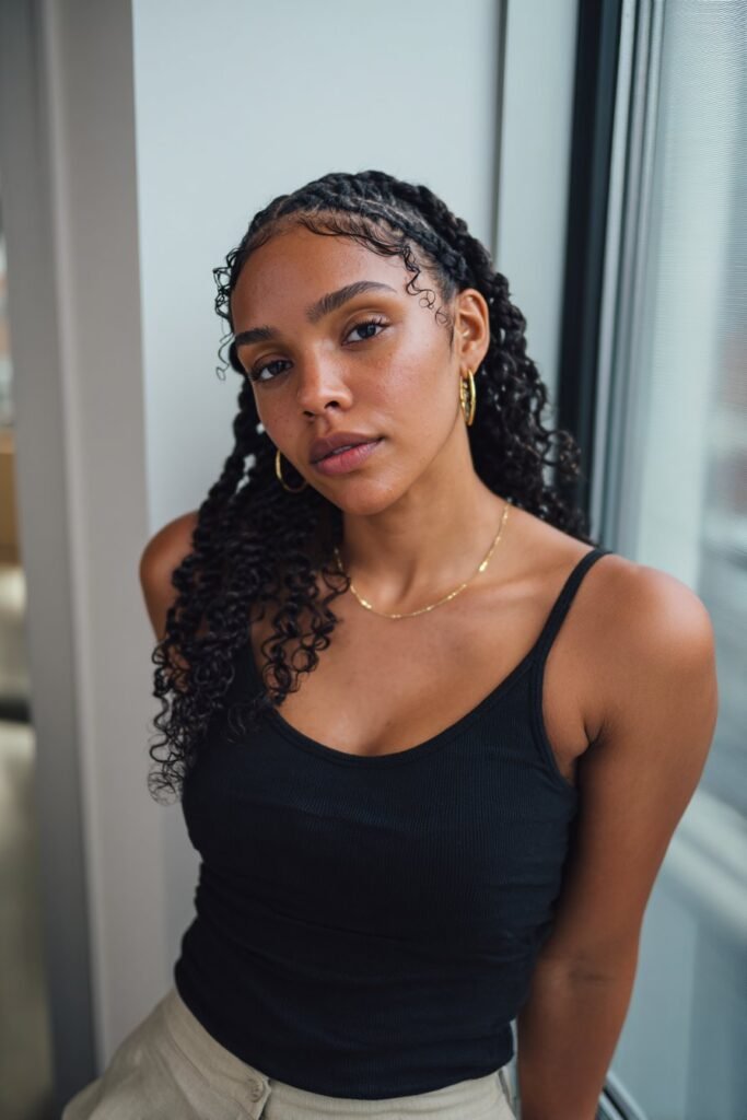 Woman with cassie braids finished with soft curly tips.