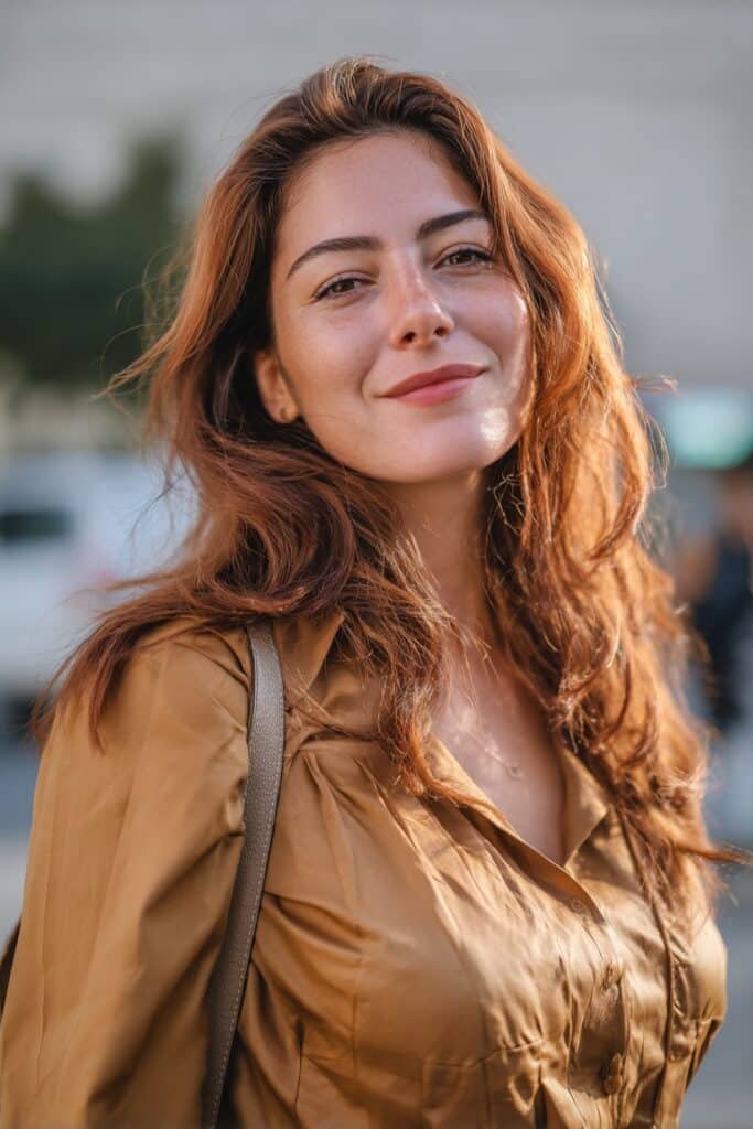Chestnut balayage with blended lighter brown tones and natural dimension.