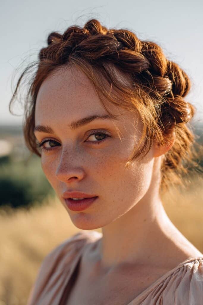 Chestnut hair styled in braided crown highlighting warm brown tone.