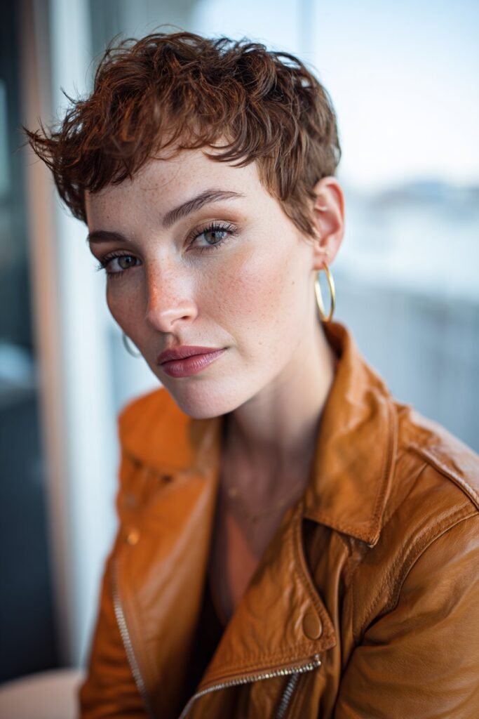 Chestnut brown pixie cut with textured layers and natural shine.