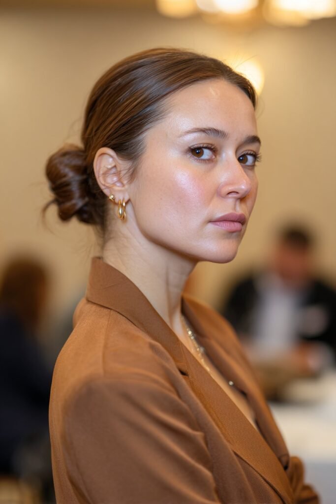 Chestnut hair color styled in sleek low bun with glossy finish.