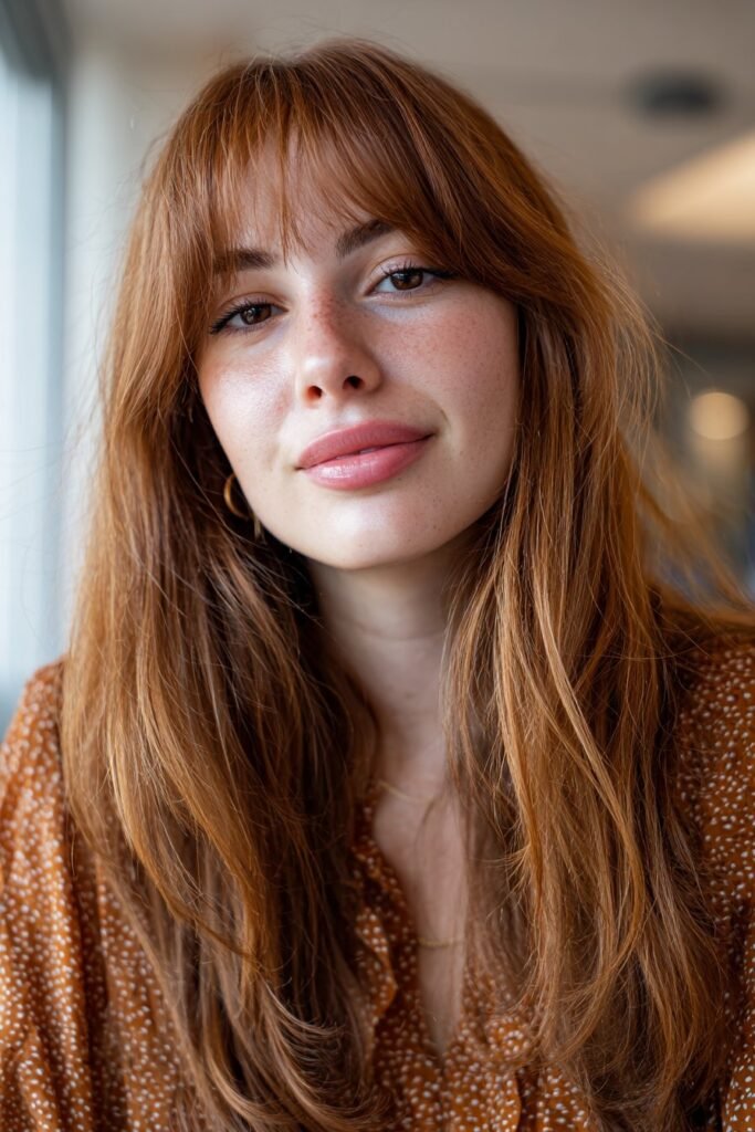 Long chestnut hair color with curtain bangs and middle part.