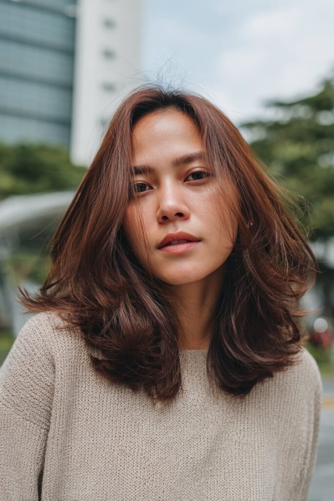 Medium-length chestnut hair color with layered ends and soft movement.