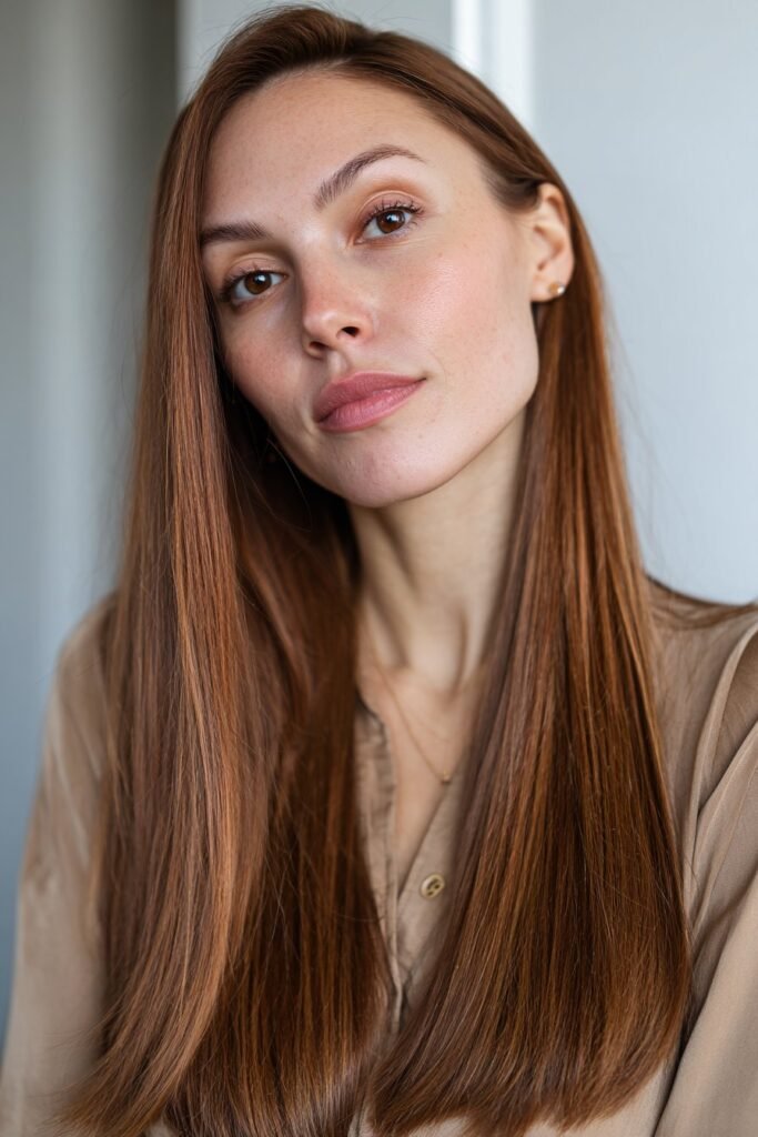 Long straight chestnut hair color with smooth glossy shine.
