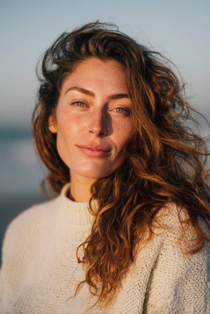 Chestnut waves with face-framing highlights and soft beach texture.