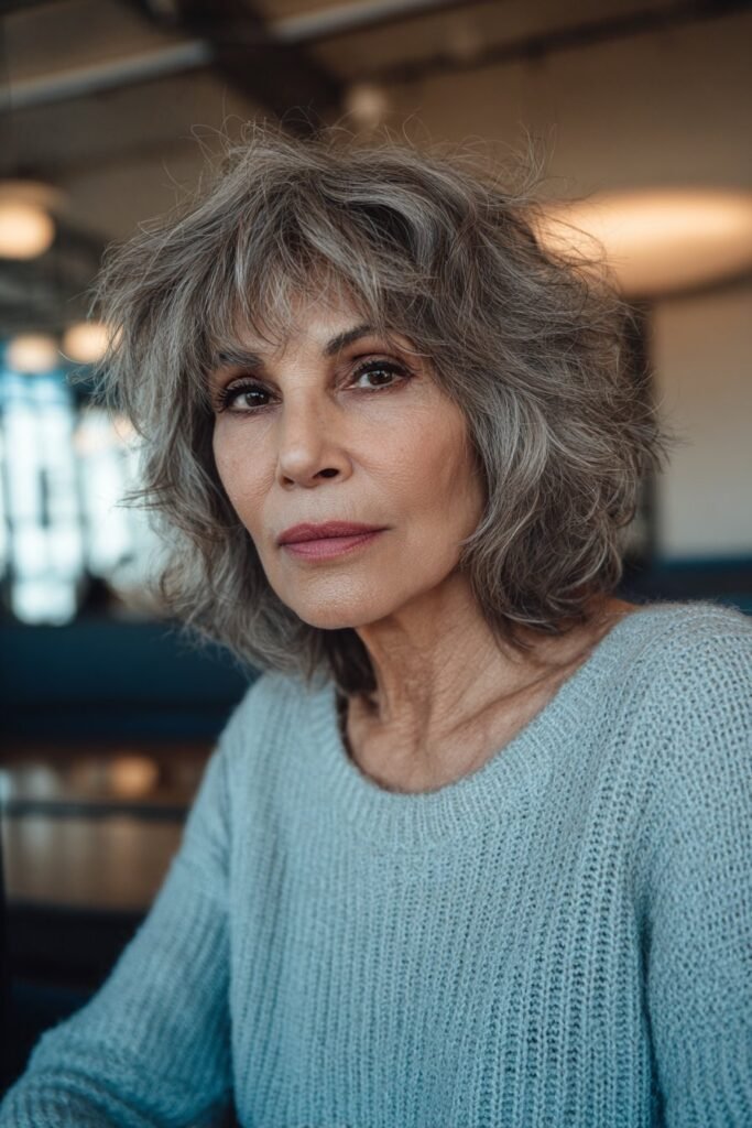 Older woman wearing a choppy bob shag with textured layers.