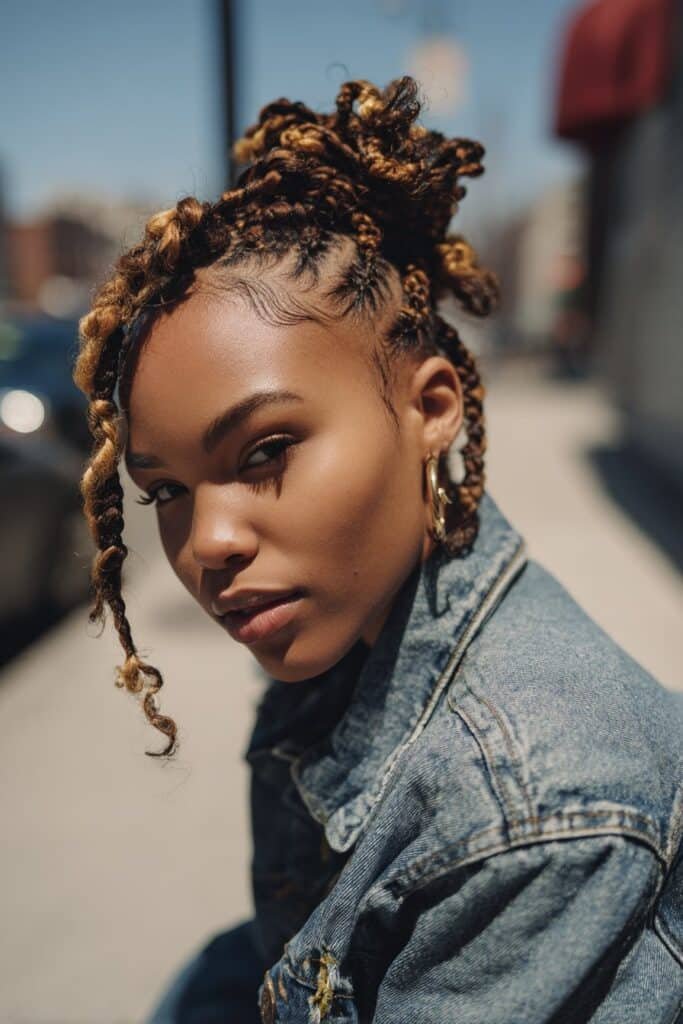 Black woman with cornrows and bold chunky highlights.