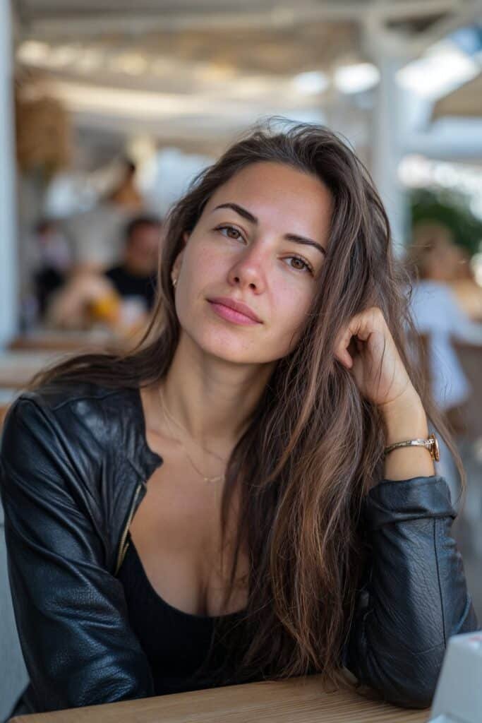 Woman with brunette lowlights blended into gray hair.