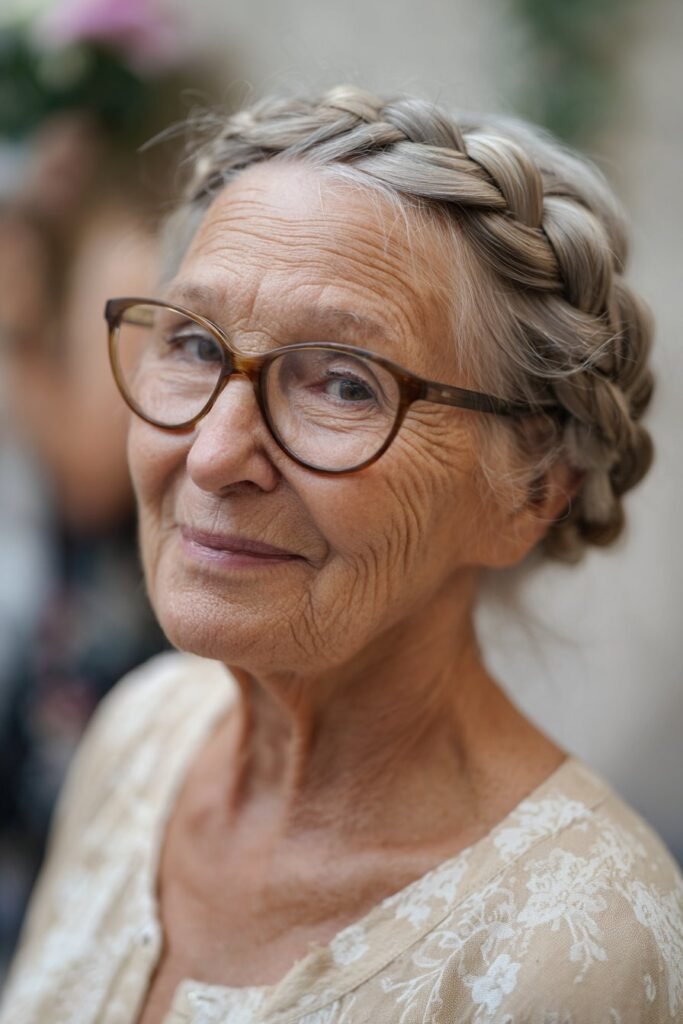 Older woman with glasses wearing classic crown braid hairstyle.