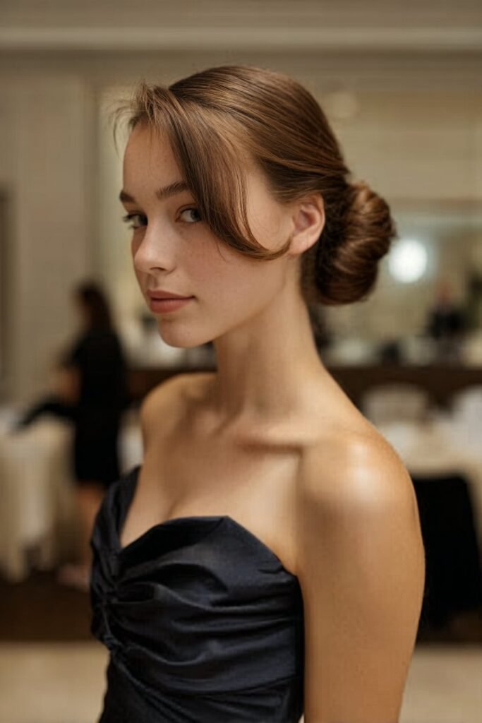 Teen girl with a classic French twist prom hairstyle styled to add volume to long fine hair.