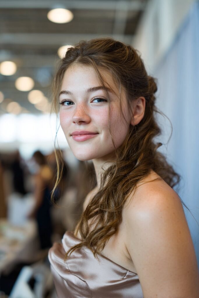 Teen girl wearing an easy prom hairstyle for long hair in a classic half-up half-down style with soft curls.