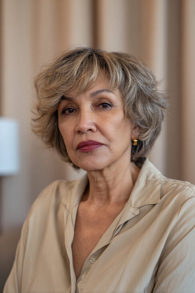 Older woman with classic layered shag, a shaggy hairstyle for older women.