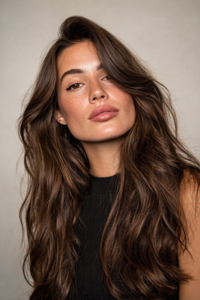 Woman with a classic soft side sweep and side-part curtain bangs in a studio portrait.