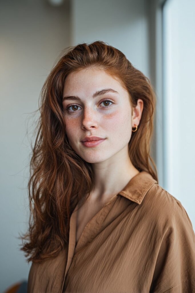 Woman with classic warm chestnut hair color and soft middle part.