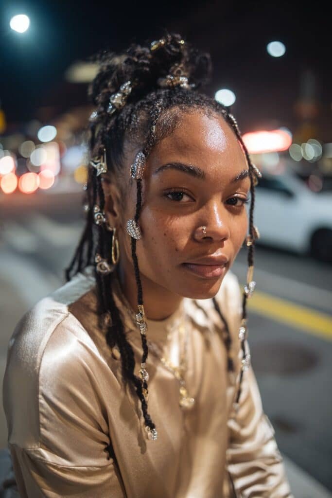 Black woman with crimped hair styled with jewelry accents.