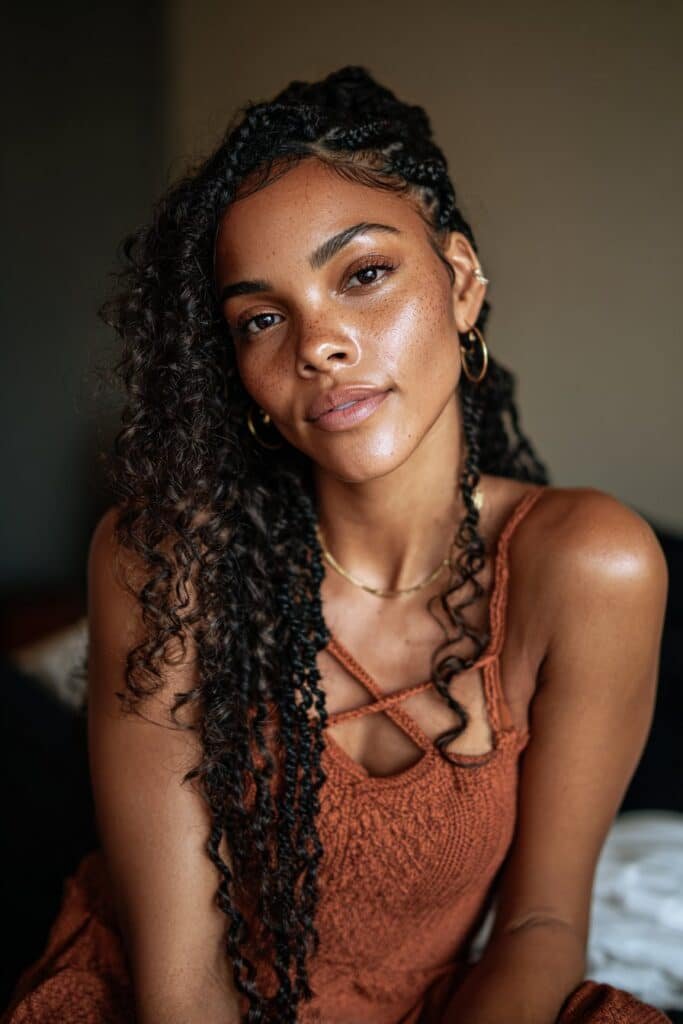 Woman with crochet box braids blended with curly hair volume.