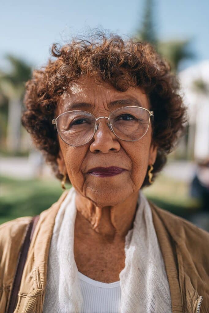 Older woman with glasses showing cropped curly natural hairstyle.