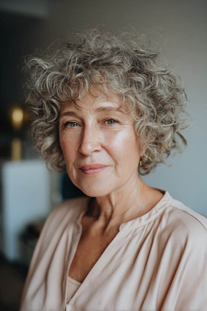 Older woman with curly shag and defined natural layers.