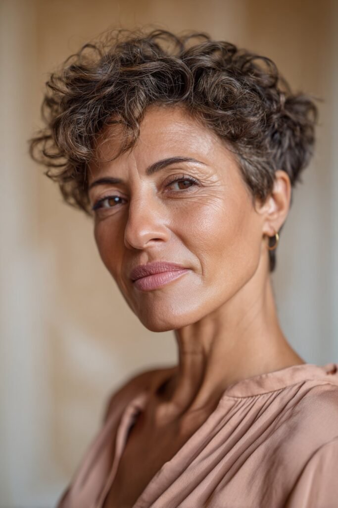 Curly wispy pixie short haircut for older women with soft definition.