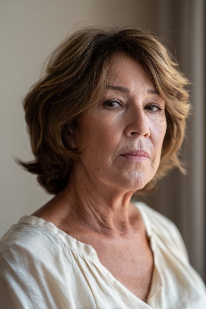 Older woman with curtain bang shag, a modern shaggy hairstyle for older women.