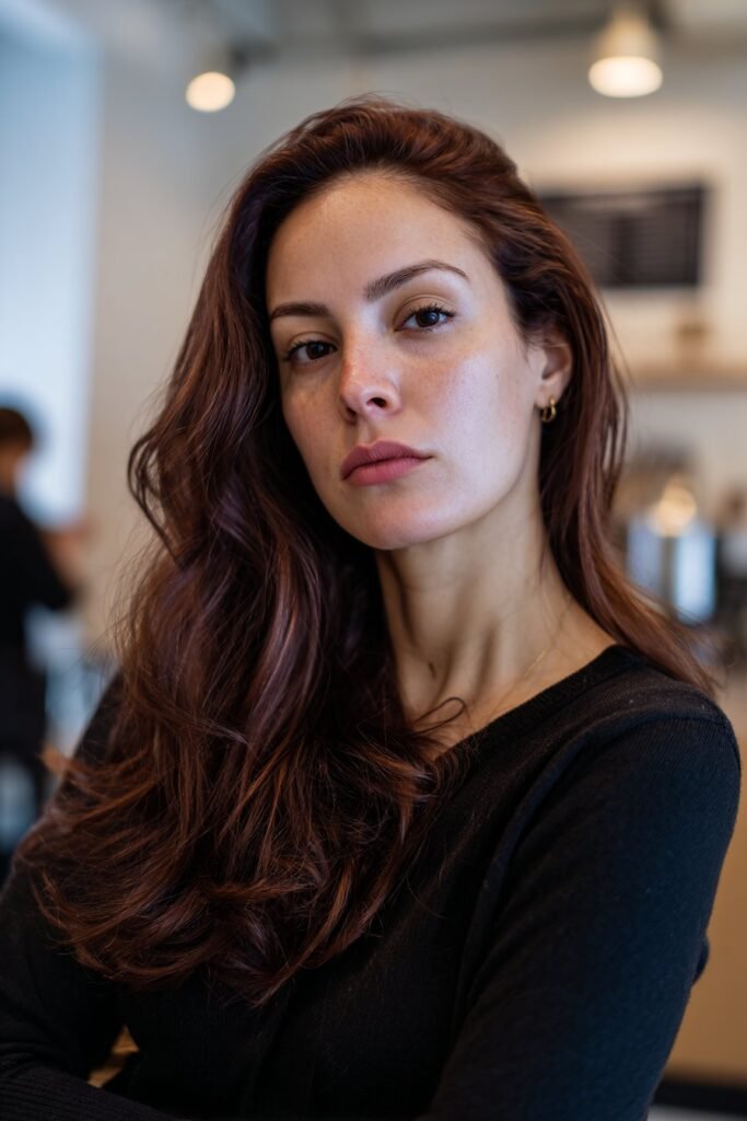 Dark chestnut hair color with subtle auburn undertones and glossy finish.