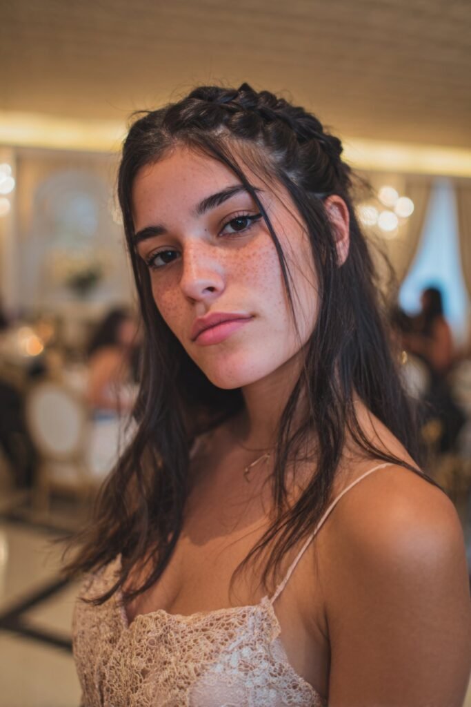 Teen girl wearing a Dutch braid crown styled on medium-length hair.