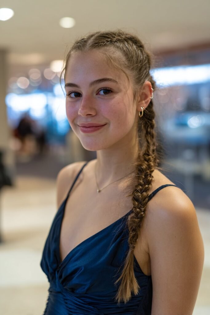 Teen girl wearing a Dutch braid ponytail as an easy prom hairstyle for long hair.