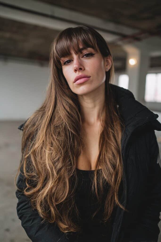 Model wearing an edgy asymmetrical cut with bold side-part curtain bangs.