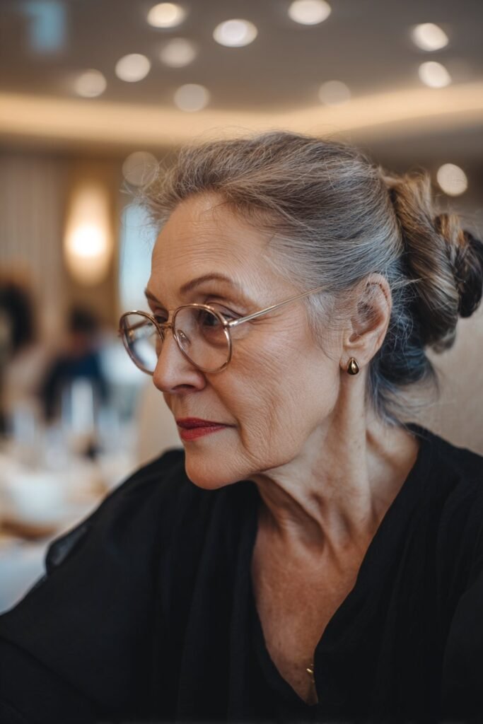 Older woman with glasses wearing an elegant chignon updo.