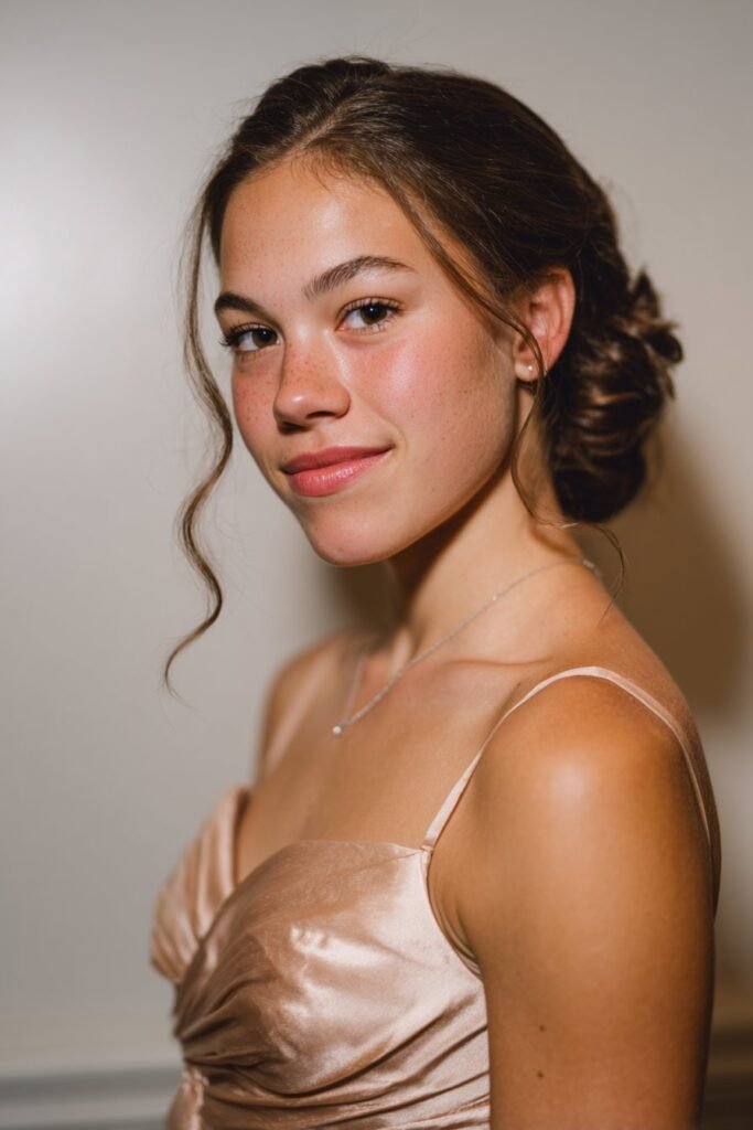 Teen girl wearing an elegant low chignon on medium-length hair for prom night.