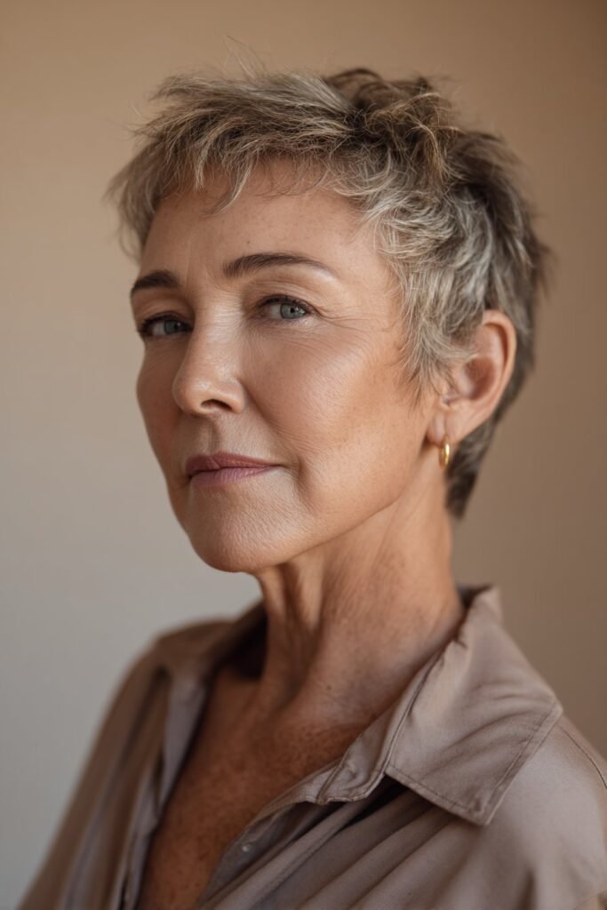 Elegant tapered nape short wispy haircut for older women with volume.