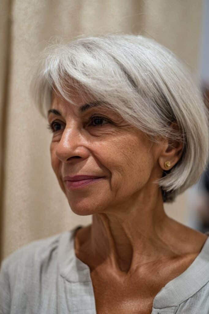 Feathered crop short wispy haircut for older women with light texture.