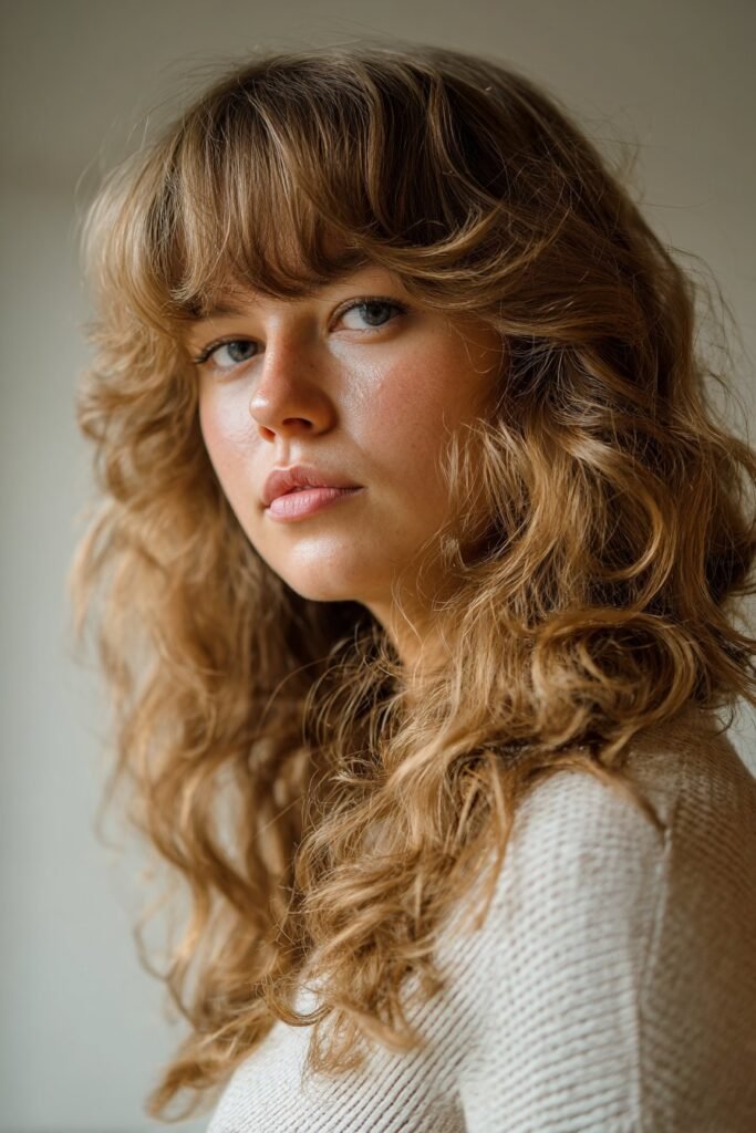Feathered curtain bangs blended into layered 70s feathered hair.