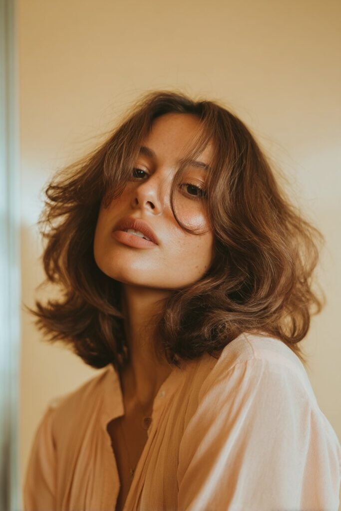Shoulder-length 70s feathered hair with flipped layered ends.