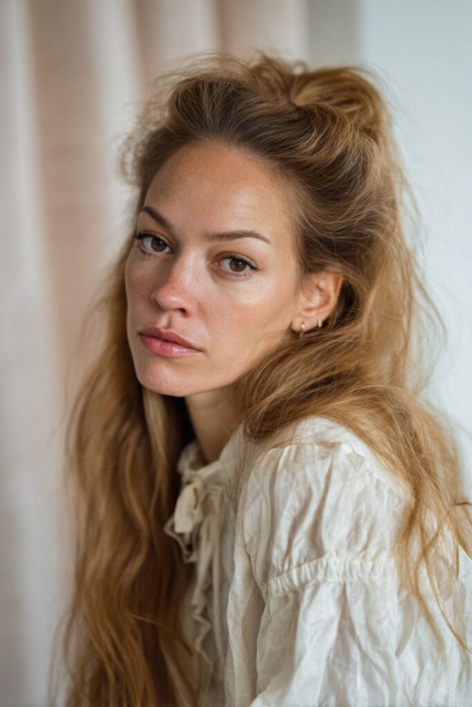 Feathered half-up style with soft layered volume.