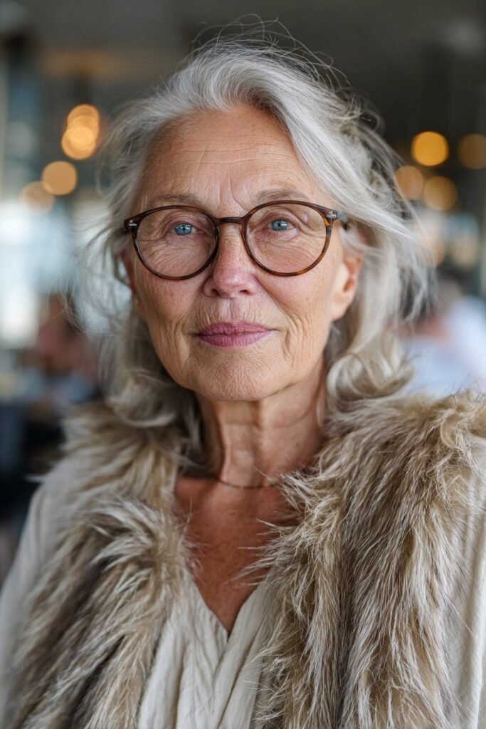 Woman over 80 with feathered layers and side part hairstyle.