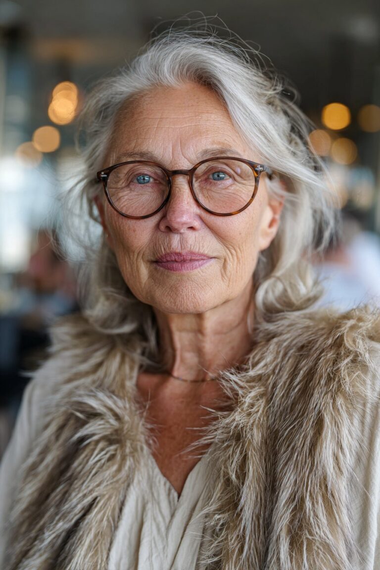 /imagine prompt: Shot with Sony A7R V, Aperture Priority mode, f/2.8, ISO 100, Shutter Speed 1/250s, White Balance 5500K, Focus Mode AF-C, Lens 85mm prime, Exposure Compensation +0.3, SteadyShot On, natural tone photo, a stylish woman over 80 with glasses showcasing feathered layers with a side part, soft volume and movement, chest-up portrait focusing on feathered texture and glasses, bright natural lighting, subtle makeup, fully clothed in a chic blouse, realistic hair texture, warm skin tone, friendly expression, outdoor terrace background with soft bokeh --ar 2:3 --v 7 --profile 9yng3zz