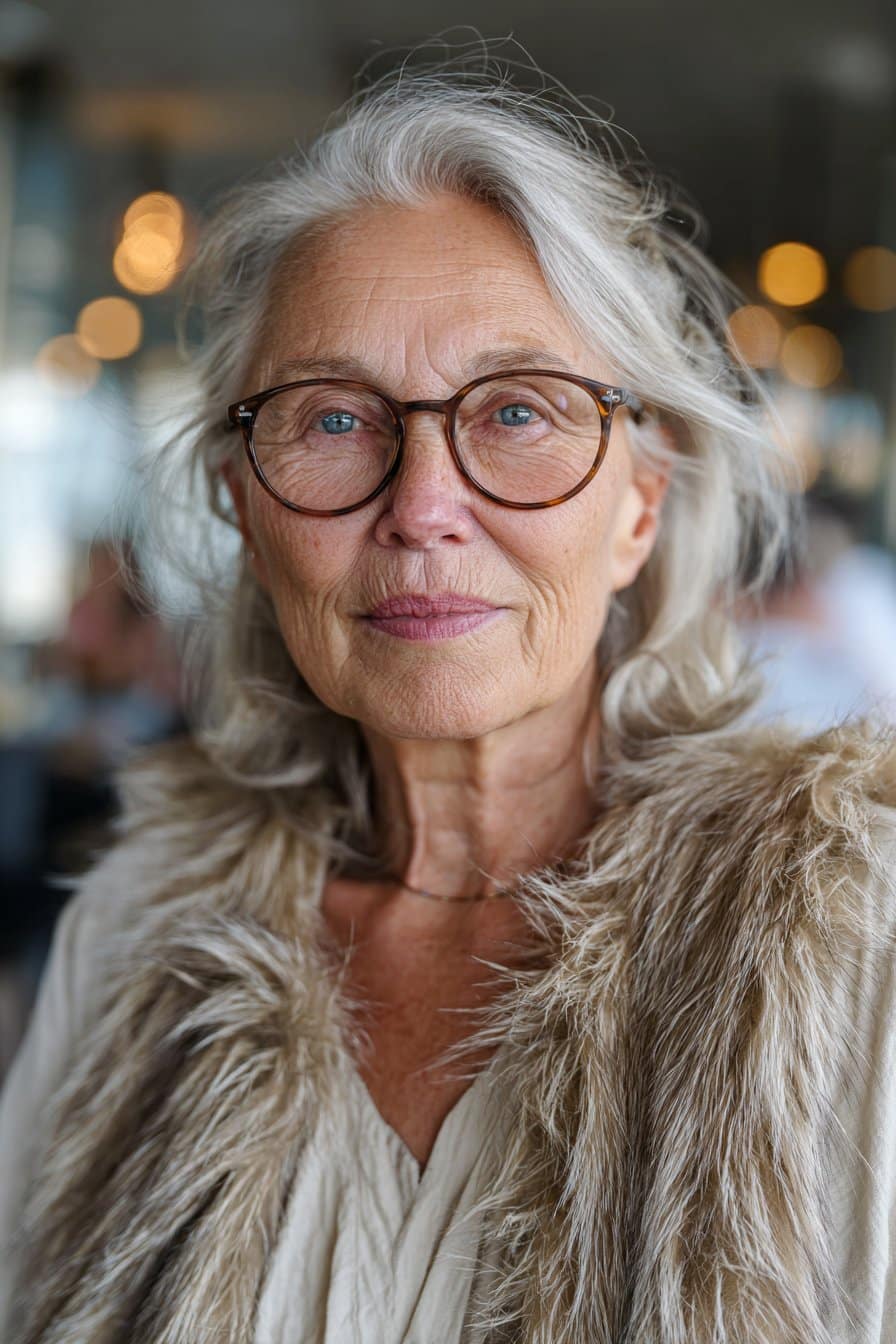 /imagine prompt: Shot with Sony A7R V, Aperture Priority mode, f/2.8, ISO 100, Shutter Speed 1/250s, White Balance 5500K, Focus Mode AF-C, Lens 85mm prime, Exposure Compensation +0.3, SteadyShot On, natural tone photo, a stylish woman over 80 with glasses showcasing feathered layers with a side part, soft volume and movement, chest-up portrait focusing on feathered texture and glasses, bright natural lighting, subtle makeup, fully clothed in a chic blouse, realistic hair texture, warm skin tone, friendly expression, outdoor terrace background with soft bokeh --ar 2:3 --v 7 --profile 9yng3zz